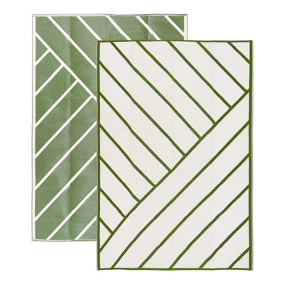 Extra Large Garden Outdoor Rug For Patio, Olive Green & Cream Geo-Lines ...