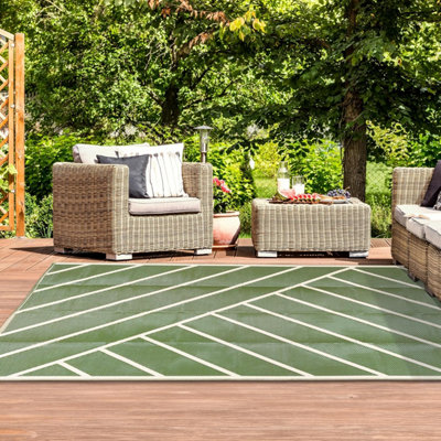 Extra Large Garden Outdoor Rug For Patio, Olive Green & Cream Geo-Lines ...