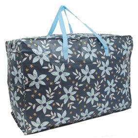 Extra Large Jumbo Reusable Strong Laundry Shopping Bags with Zip - Blue Flower