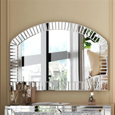 Extra Large Mirrored Pleated Edge Arched Wall Mirror Decorative Venetian Mirrors, 100x70cm