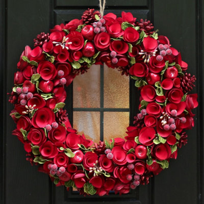 Extra Large Red Rose Xmas Door Decoration Winter Autumn Wreath, Christmas Wreath 46cm