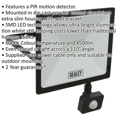 Extra Slim Floodlight with PIR Sensor - 50W SMD LED - IP65 Rated - 4500 Lumens