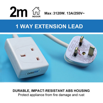 Extrastar 1 Way 13A Extension Leads with Cable 3G1.25, 2M, White