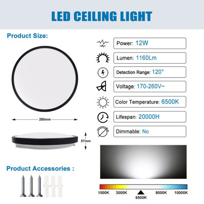ExtraStar 12W 280mm LED Daylight Round Bathroom Flush Ceiling Light, Black