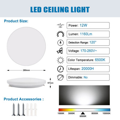 Extrastar 12W LED round Surface Mount Integrated Ceiling Light Flush Light cold white, bathroom waterproof, IP54