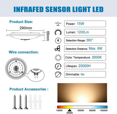 ExtraStar 15W 290mm LED Infrared Sensor Light, Warm White