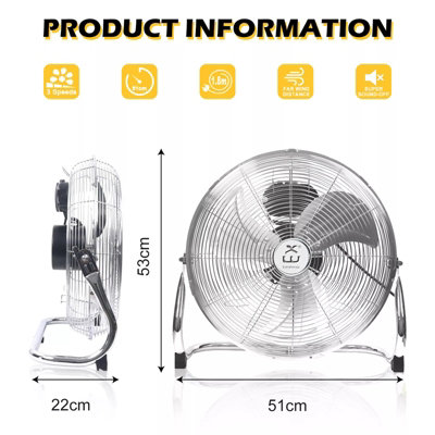 ExtraStar 18" High Velocity 3 Speed Chrome Metal Floor Fan