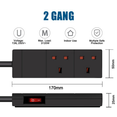 Extrastar 2 Gang Indicator Side Switched Extension Lead 1 M Black 13A