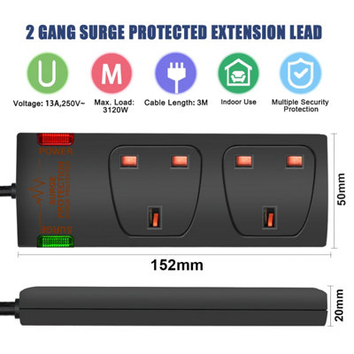 Extrastar 2 Gang Surge-Protected Extension Lead 3M Black, 13A