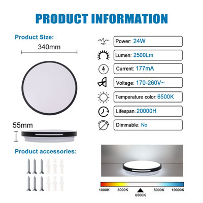 ExtraStar 24W 340mm LED Daylight Flush Ceiling Light, Black