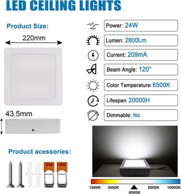 Extrastar 24W LED square Surface Mount Integrated Ceiling Light Flush Light cold white