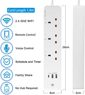 ExtraStar 3 Gang Smart WIFI Extension lead, 1.4m Cable, 2 USB-A and 1 USB-C