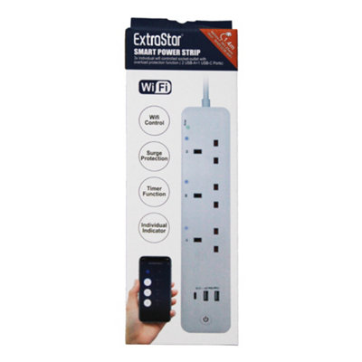 ExtraStar 3 Gang Smart WIFI Extension lead, 1.4m Cable, 2 USB-A and 1 USB-C