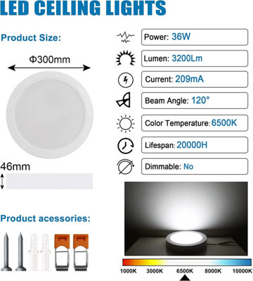 Extrastar 36W LED round Surface Mount Integrated Ceiling Light Flush Light cold white