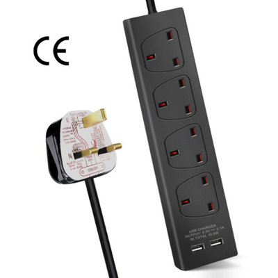 ExtraStar 4 Gang 13A Extension Lead with 2 USB Ports, 3m, Black