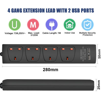 Extrastar 4 Gang built-in USB Extension Lead 1 M Black 13A