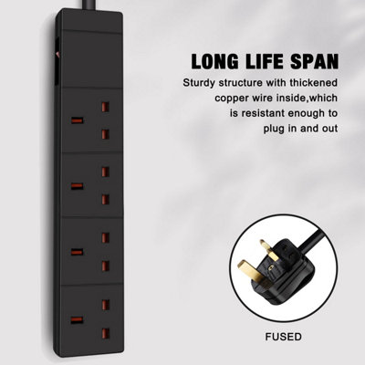 Extrastar 4 Gang Indicator Side Switched Extension Lead 2 M Black 13A - 3