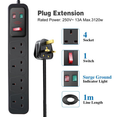 Extrastar 4 Gang Switched Surge-Protected Extension Lead 1M Black 13A