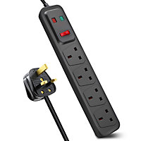 Extrastar 4 Gang Switched Surge-Protected Extension Lead 2M Black, 13A