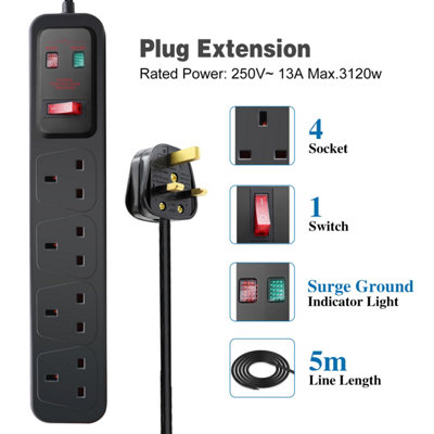 Extrastar 4 Gang Switched Surge-Protected Extension Lead 5M Black, 13A