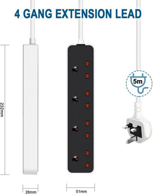 ExtraStar 4 Way 5 Meter Extension lead (Black), 13A