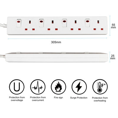 Extrastar 4 Way Socket 13A, 1M, with Indicate Light,  Individual Switches, Child-Resistant Sockets