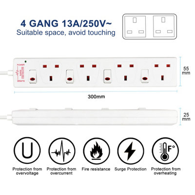 Extrastar 4 Way Socket 13A, 2M, White, with Indicate Light,  Individual Switches, Surge Indicator