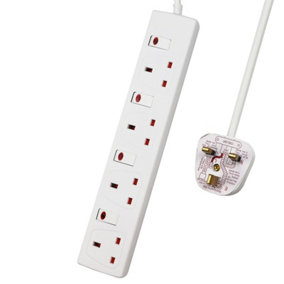 Extrastar 4 Way Socket 13A, 2M, with Indicate Light,  Individual Switches, Child-Resistant Sockets