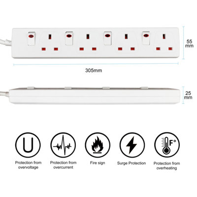 Extrastar 4 Way Socket 13A, 2M, with Indicate Light,  Individual Switches, Child-Resistant Sockets