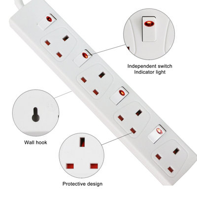 Extrastar 4 Way Socket 13A, 5M, White, with Indicate Light, Individual Switch, Child-Resistant Sockets