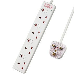 Extrastar 4 Way Socket with Cable 3M,White,Individually Switched Sockets, Surge Indicator, 13A