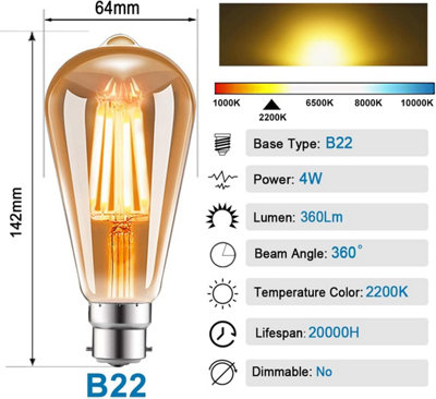 Extrastar 4W LED Filament Light Bulb B22, 2200K