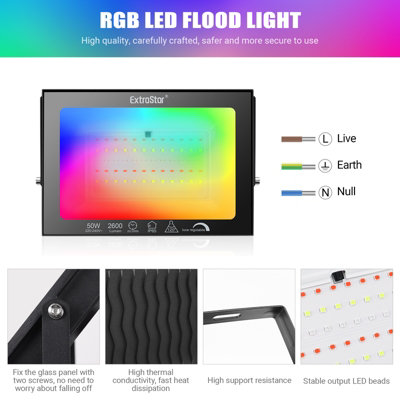 ExtraStar 50W IP65 RGB 2600lm LED Floodlight, 16 Colours, Remote Control Included