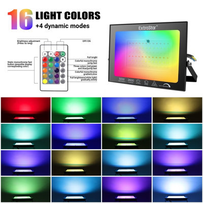 ExtraStar 50W IP65 RGB 2600lm LED Floodlight, 16 Colours, Remote Control Included