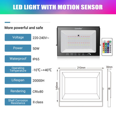 ExtraStar 50W IP65 RGB 2600lm LED Floodlight, 16 Colours, Remote Control Included