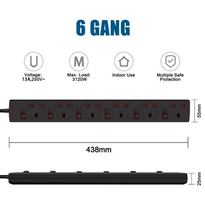 Extrastar 6 Gang Individual Switched Surge-Protected Extension Lead 1m Black 13A