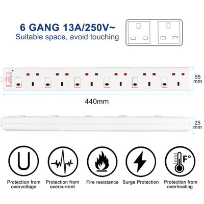 Extrastar 6 Gang Individually Switched Surge-Protected Extension Lead 2m White, 13A