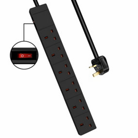 Extrastar 6 Way Extension Leads 13A, 1M, Black, with Switch, Child-Resistant Sockets