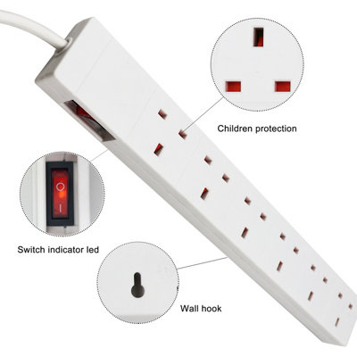 Extrastar 6 Way Extension Leads 13A, 1M, White, with Switch, Child-Resistant Sockets
