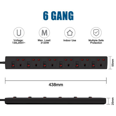ExtraStar 6 Way Socket 13A, 1M, Black, with Indicate Light, Individual ...