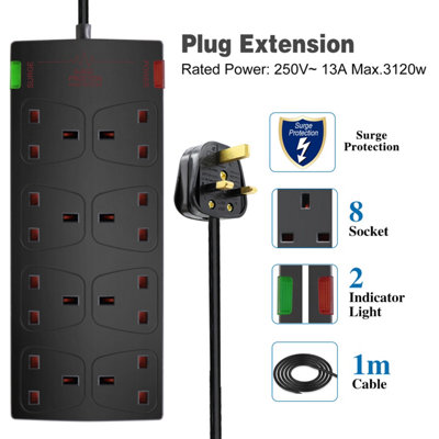 Extrastar 8 Gang Surge-Protected Extension Lead 1 M Black 13A