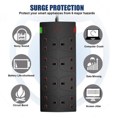 Extrastar 8 Gang Surge-Protected Extension Lead 1 M Black 13A