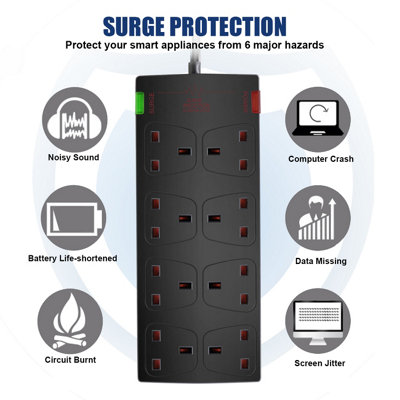 ExtraStar 8 Gang Surge-Protected Extension Lead 5 M Black 13A