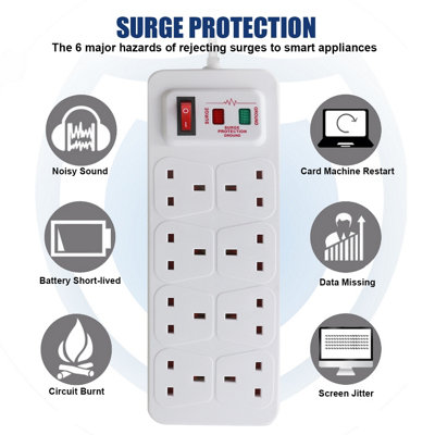 Extrastar 8 Gang Switched Surge-Protected Extension Lead 2m White 13A