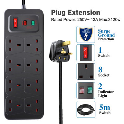 Extrastar 8 Gang Switched Surge-Protected Extension Lead 5m Black, 13A
