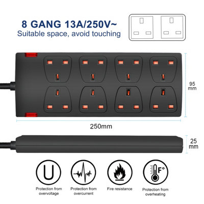Extrastar 8 Way Socket 13A, 2M, Black, with Indicate Light,  Child-Resistant Sockets