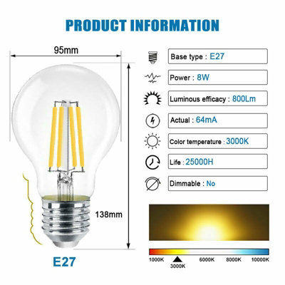 Extrastar 8W LED Filament Light Bulb B22, 2700K, pack of 3