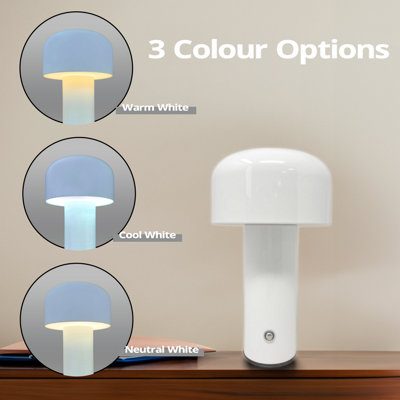 ExtraStar Bedside Mushroom Dimmable 3 Colour Changing Table Lamp Metal USB Rechargeable (White)