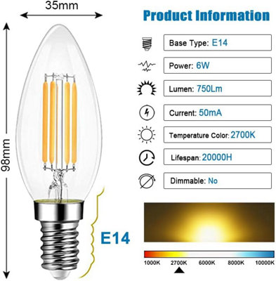 ExtraStar E14 6W 750lm LED Candle Filament Light Bulb, 3000K Warm White, 6 Pack