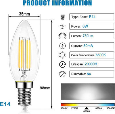 EXTRASTAR E14 LED Filament Candle Bulbs 6W warm white,2700K (pack of 6)